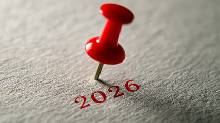 Red Pin Stuck in 2026 Mark on Paper