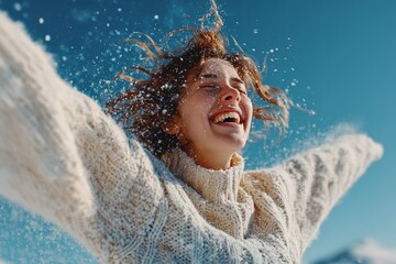 Joyful moment of a woman celebrating in the snowy mountains under a clear blue sky during winter