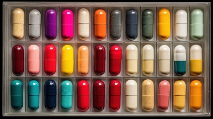 Colorful pharmaceutical capsules are arranged neatly within a transparent plastic container, showcasing a variety of hues and shades that evoke a sense of order and scientific precision, all against