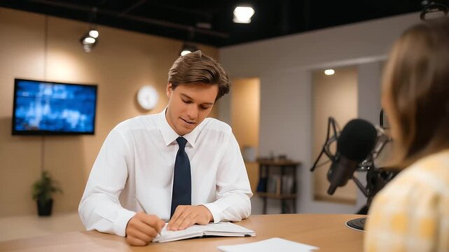 A comedian tests a stand up routine in a casting room with a microphone in hand a notebook open a casting director laughing and a clock ticking depicted in a humorous photo