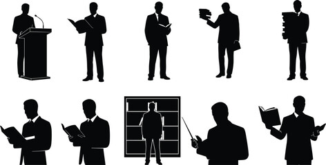 Black silhouette men reading books, giving speech, teaching, studying, presenting, carrying books, academic education, professional knowledge, library, learning