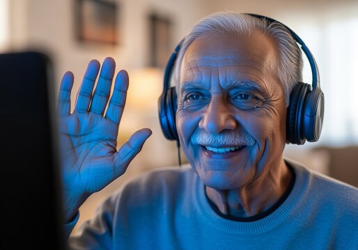 Senior Indian man using technology with headphones for video call - Powered by Adobe