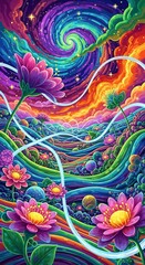 Colorful Psychedelic Floral Landscape.