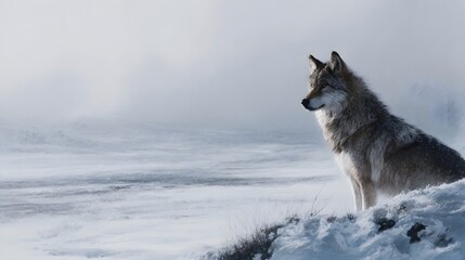 Naklejka premium A majestic wolf sits on a snow covered ridge gazing intently across a vast and desolate winter landscape under an overcast sky