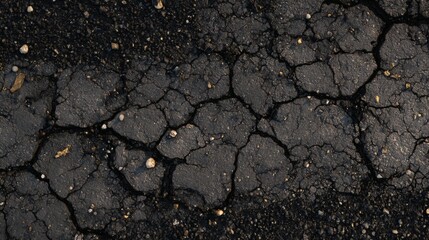 Fototapeta premium Asphalt Road Surface Texture: A detailed, close-up view reveals the intricate patterns and textures of a cracked asphalt road surface, showcasing the weathered effects of time and elements.