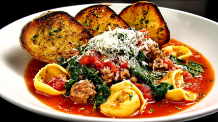 A bowl of creamy tuscan tortellini soup with sausage, spinach, and garlic bread.
