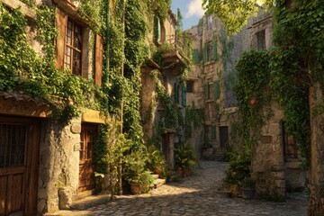 Fototapeta premium A tranquil alleyway in a picturesque village is filled with greenery and ivy covering stone buildings. Sunlight filters through, creating a serene atmosphere in the late afternoon