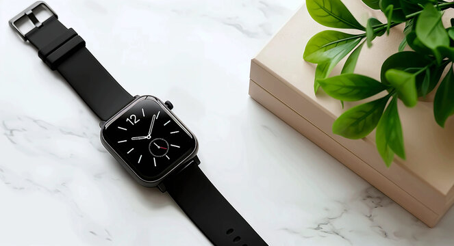 Black Smartwatch with Analog Display on White Marble Surface Next to Beige Box and Green Plant for Modern Lifestyle Concept
