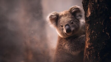 A koala clings to a tree trunk its curious eyes looking out from a hazy atmospheric background illuminated by dramatic warm light