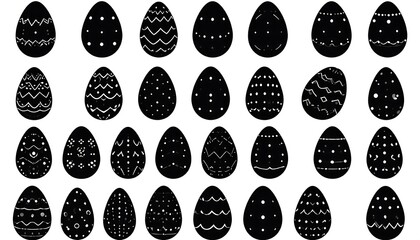 A collection of thirty stylized black Easter eggs with various white decorative patterns arranged in a grid