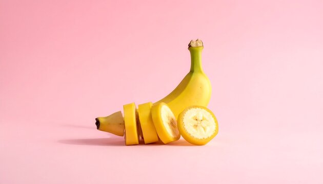 A partially sliced yellow fruit rests on a pink background, showcasing the inside. Its shadow adds depth - Powered by Adobe