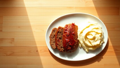 plate comfort food rustic meatloaf mashed potatoes homemade classic dinner meal top view  
