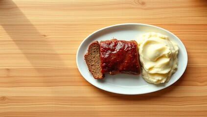 top view meatloaf rustic dinner classic plate mashed potatoes homemade comfort food meal  
