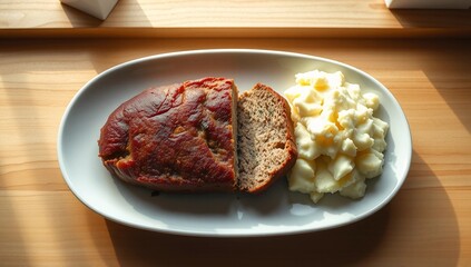 meatloaf mashed potatoes comfort food dinner meal homemade rustic classic plate top view  
