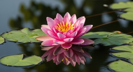 A Pink Water Lily Blooms in a Calm Pond Reflecting its Beauty