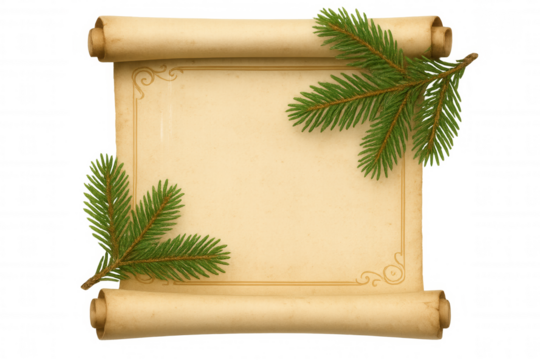 Christmas parchment scroll with fir branches, vintage festive invitation, holiday season greeting letter, transparent background