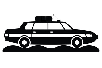 Black and white silhouette shows a police car standing on uneven terrain