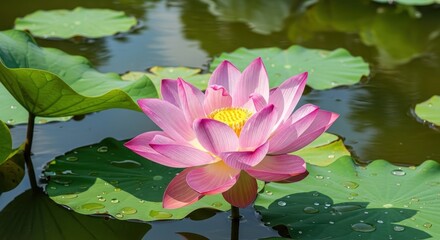 Beautiful Pink Lotus Flower Blooms Amongst Green Lily Pads in Pond Water