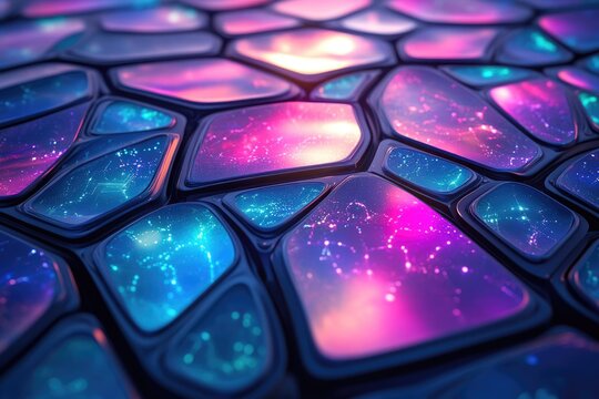 Vibrant, futuristic mosaic of glowing cells in blue, pink, and purple, showcasing sparkling cosmic or digital patterns for a high-tech aesthetic.