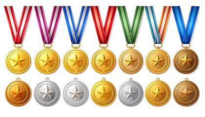 A collection of twelve shiny medals with colorful ribbons, each featuring a central star and laurel wreath design, displayed against a white background