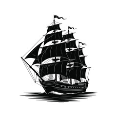 Dramatic silhouette of a majestic tall ship sailing on the ocean with full sails