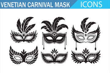 Obraz premium Masquerade masks icon pack – elegant Venetian silhouettes with feathers and lace, black and white vector set