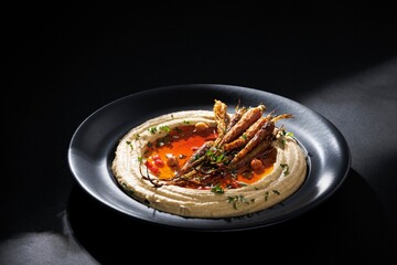 Roasted baby carrots are placed on a creamy bed of hummus, enhanced with spicy chili oil and chickpeas, all arranged on a sleek black plate. A culinary delight is set against a dark backdrop
