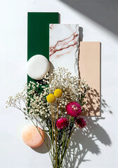 Artistic Arrangement with Marble, Green, and Peach Panels, Round Objects, and Floral Bouquet on Brown Surface
