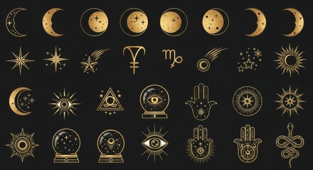 Golden Celestial Mystical Symbols of the Zodiac and Fortune Telling Arts