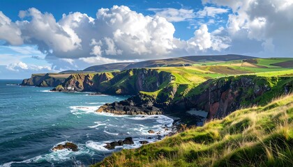A scenic coastal landscape featuring rugged cliffs meeting the turquoise ocean under a dramatic, cloudy sky, with green fields behind