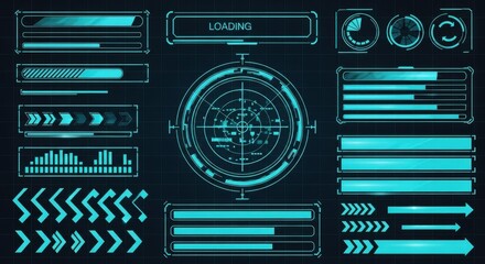 Futuristic Digital Interface Displaying Data and Progress Indicators