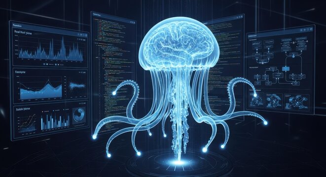 Futuristic Digital Brain Matrix Hologram Displays Abstract Neural Network Data Flow