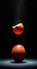 Cracked Egg Suspended Above Whole Egg with Mist Particles on Dark Background for Fragility or Culinary Concept
