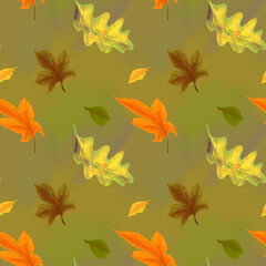 Seamless autumn pattern with colorful fall leaves on a gold background. Illustration of maple, oak leaves in orange, yellow, and green tones. Seasonal textile design, wallpaper and fabric print