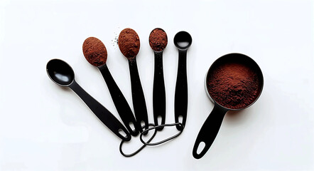 Black Measuring Spoons and Cup Filled with Brown Powder Arranged on Dark Surface for Baking or Culinary Concept
