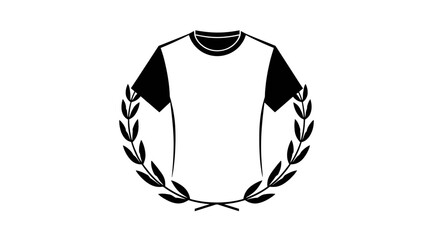 A white t-shirt with black sleeves is framed by a laurel wreath on a white background.