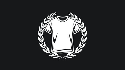 A white t-shirt is centered, surrounded by a laurel wreath, on a black background.