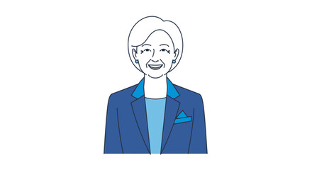Smiling older woman in a blue blazer and light blue top, depicted in a simple line art style.