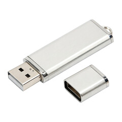 Silver USB Flash Drive with Cap Removed Isolated on transparent background for Data Storage and Transfer