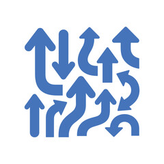 Blue mixed arrows vector icon set representing direction, navigation, growth, progress, success, decision making, business strategy, and movement indicators for infographics or reports.