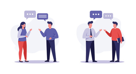Business People Discussing Ideas with Speech Bubbles in a Flat Design Style
