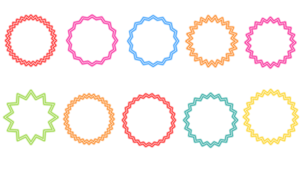 Collection of colorful neon starburst and oval frames on a black background