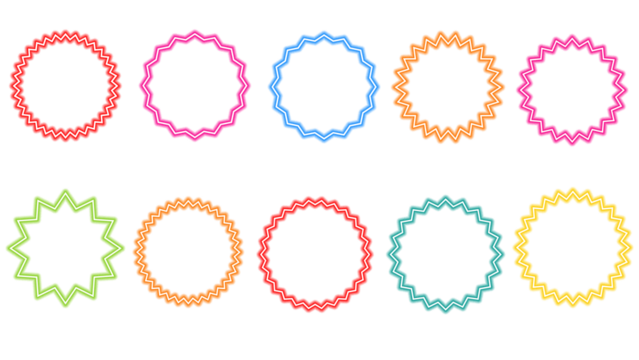 Collection of colorful neon starburst and oval frames on a black background