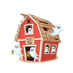 Cute cartoon ghosts flying around a spooky barn isolated on white background © Nurun_Nahar