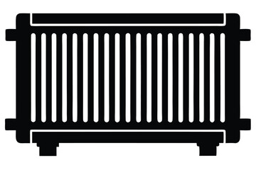 Black silhouette shows a radiator with vertical bars and simple square feet isolated