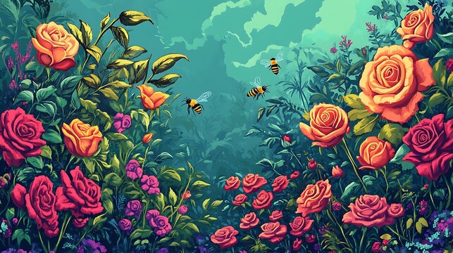 Vibrant roses bloom in lush garden with playful bees buzzing through serene nature