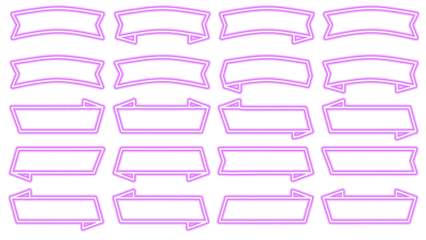 Collection of neon purple ribbon banners on a black background