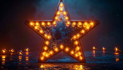 A large, illuminated, five-pointed figure with numerous warm lights, set against a dark, smoky background, with scattered light bulbs