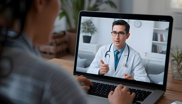Woman sitting at a wooden table and talking about a video call with a doctor behind a portable computer with a concentrated expression on her face in a simple interior of an office room - Powered by Adobe