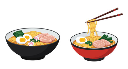 Two Bowls of Delicious Ramen Noodle Soup with Eggs and Meat